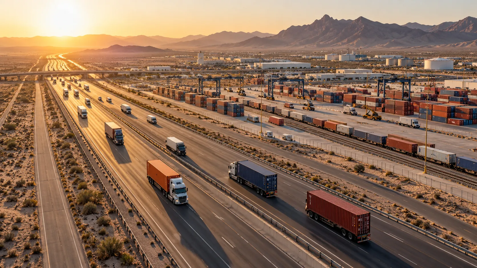 Commercial freight trucks on a desert highway beside a logistics center at sunset