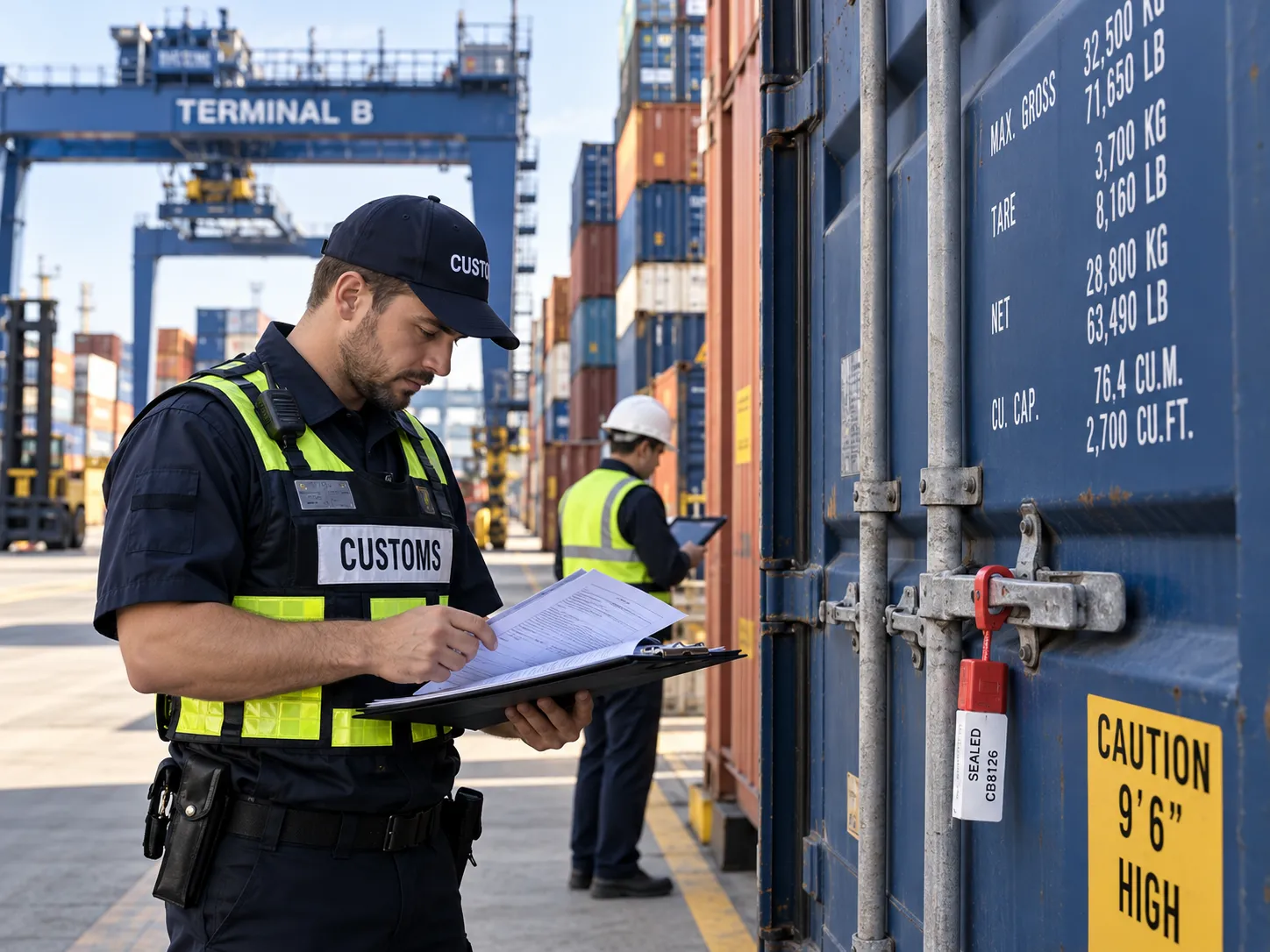 Customs clearance document review and commercial cargo inspection at a logistics terminal