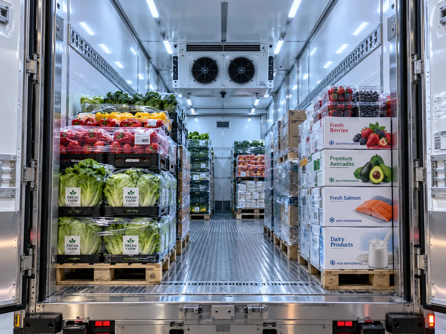 Refrigerated freight trailer being loaded with fresh food and temperature-sensitive cargo