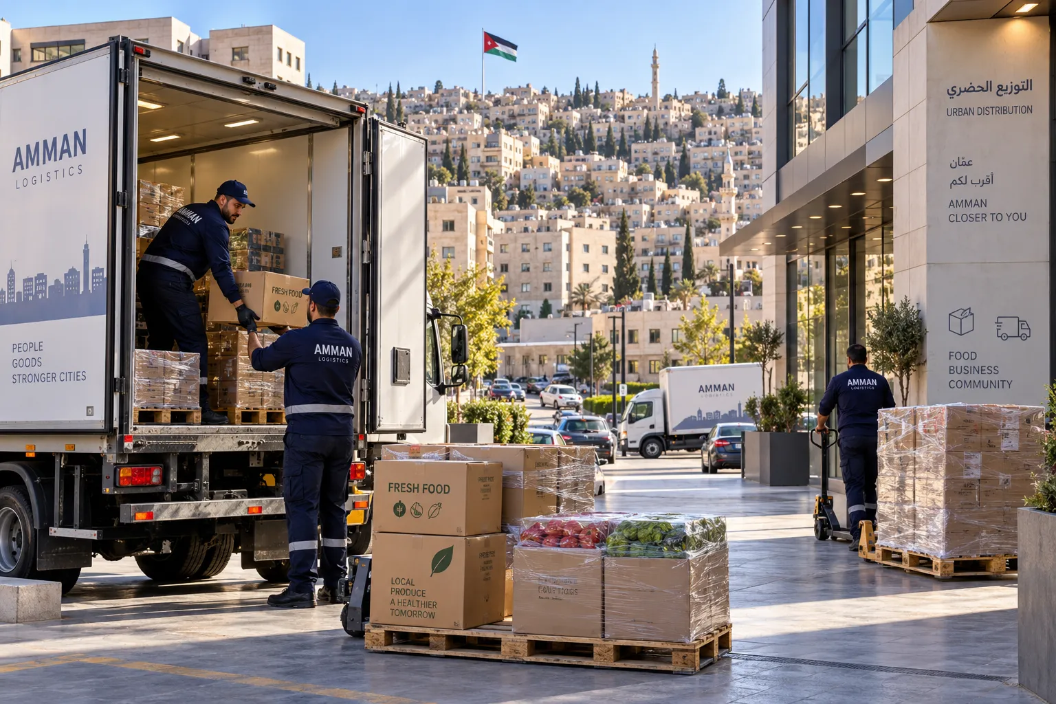 Commercial freight trucks transporting goods on a road in Jordan