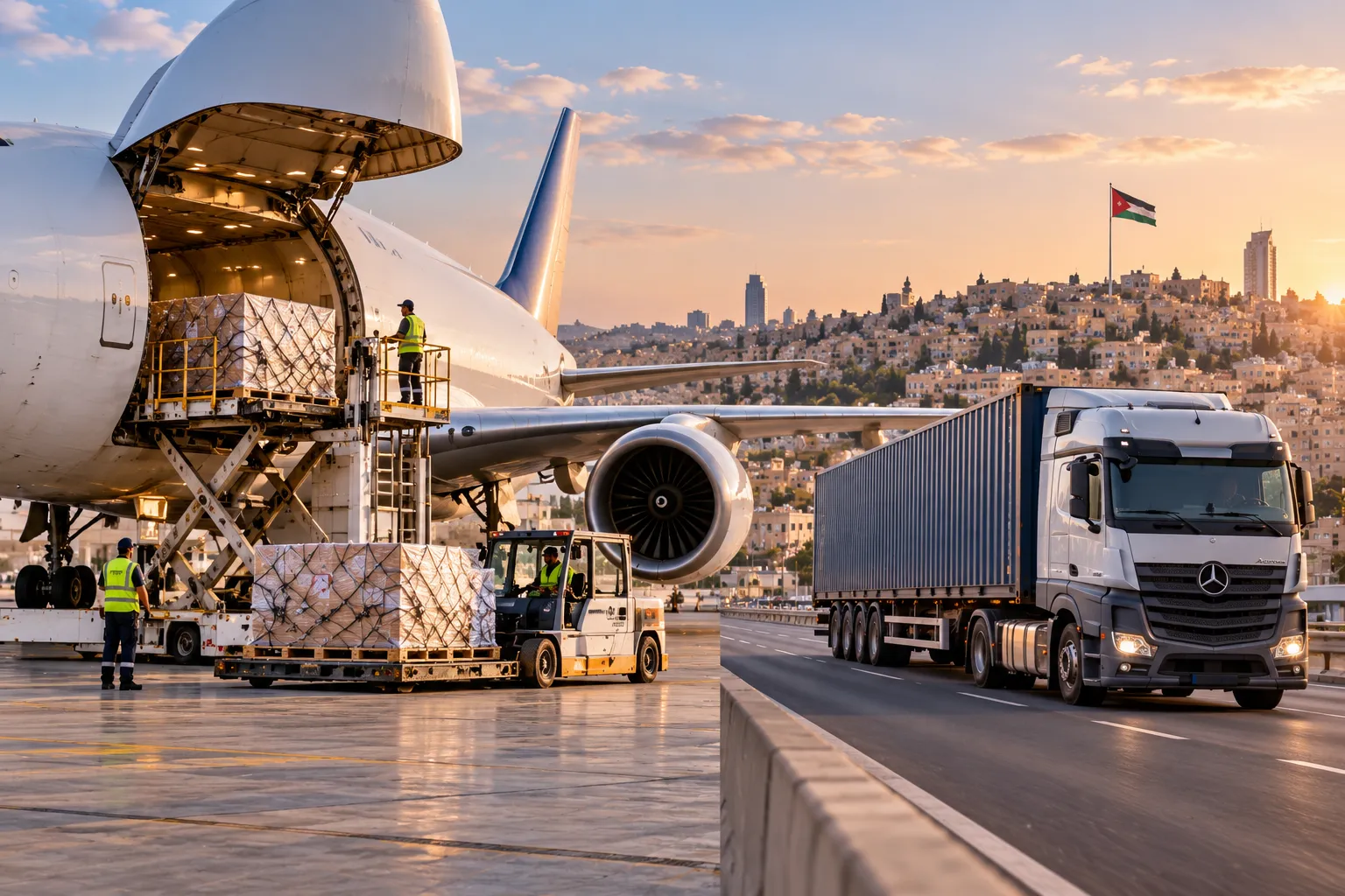 Comparison of land freight trucks on a highway and cargo being loaded onto an aircraft